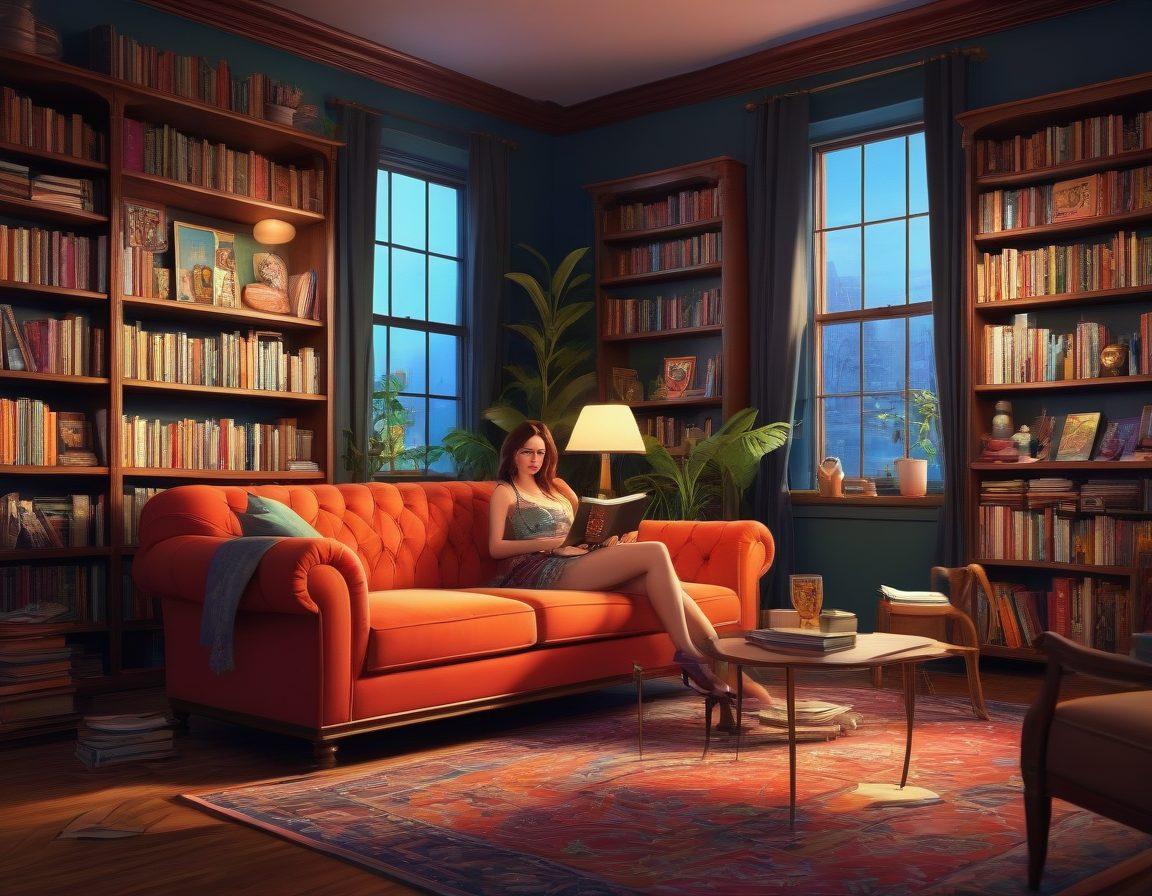 A whimsical and immersive illustration showcasing a vibrant collection of erotic games, animated series, and graphic novels, featuring colorful characters in playful poses, surrounded by a cozy library filled with diverse genre books. The setting should have an enchanting ambiance with warm lighting and expressive details, hinting at adventure and allure. Include elements like game controllers, vivid comic book panels, and alluring animations in the background. hyper-realistic. vibrant colors. cozy atmosphere.